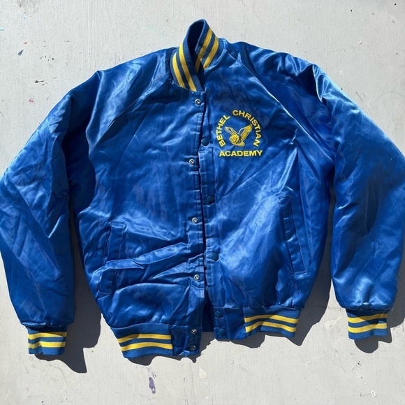 Men's Vintage NASCO Jacket Blue Christian Academy L Lined 80s Snap Bomber Vinyl - Picture 2 of 12